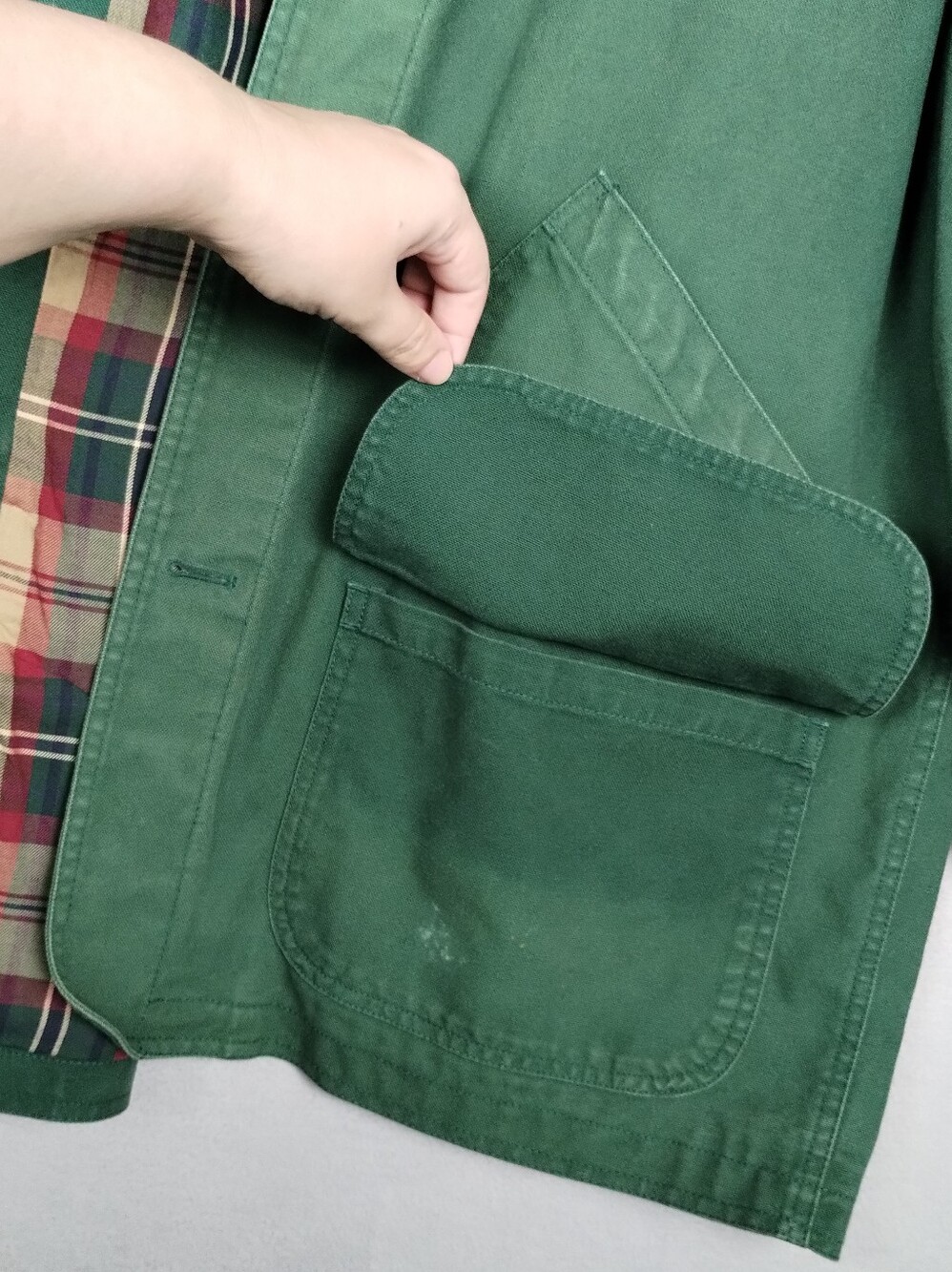 Lands' End Green Barn Jacket Chore Coat with Brown Corduroy Collar - Picture 14 of 16